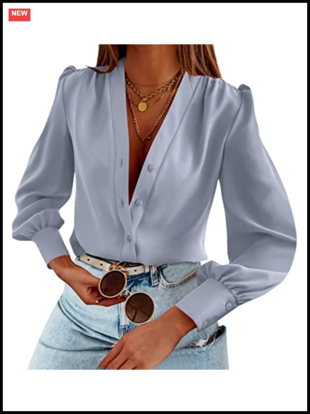 Women's Long Sleeve Button Down V Neck Blouse Business Casual Top